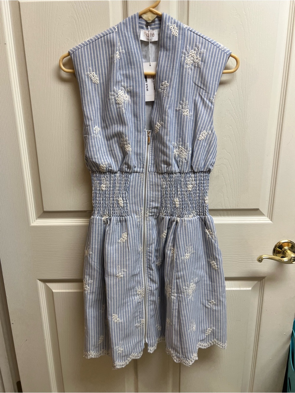 NWT Fate Women's Blue Striped Embroidered Above Knee Dress, Size Small